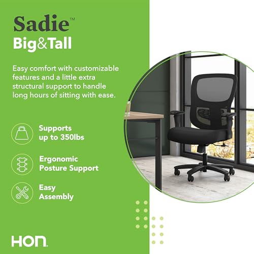 Image of HON Sadie Big and Tall Ergonomic Office Chair with Mesh Back, Adjustable Lumbar Support and Arms, High Back Desk and Computer Chair for Home Office or Workstation, 350 lb. Weight Capacity, Black