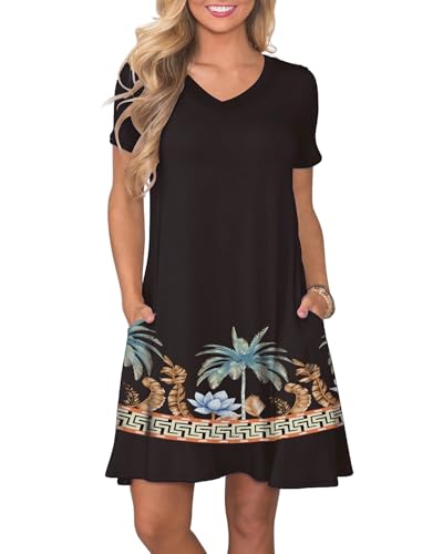 Image of COSSEN Women's Casual T Shirt Dress V-Neck Short Sleeves Swing Dresses Birthday Party Summer Travel Beach with Pocket