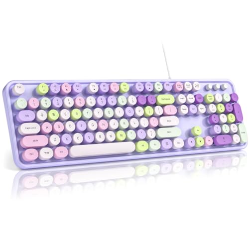Image of MOFII Computer Keyboard Wired,Round Key Retro Typewriter Keyboard Full Size | USB Plug and Play, for Laptop, PC, Desktop, Windows (Purple Colorful)