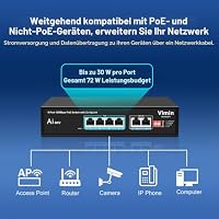 6-Port PoE Switch mit 4 PoE Ports, VIMIN 4-Port Unmanaged 10/100Mbit/s Netzwerk PoE Switch mit 2 Uplink Ports, AI Wachhund, VLAN, Erweiterung auf 250 m, Unterstützung von IEEE802.3af/at, 72 W – Ansicht 3
