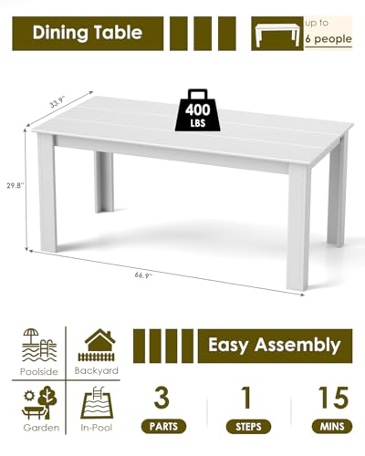 Image of GREENVINES Outdoor Dining Table | 67'' | HDPE | Rectangle Tables for 6 | All-Weather | Umbrella Hole | Patio Furniture | for Poolside Backyard Garden | White
