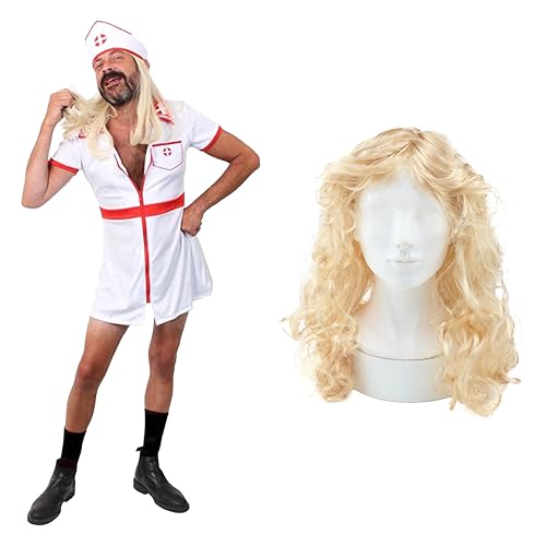 Image of Mens Nurse Costume - Large - White & Red Nurse Dress, Nursing Hat, Long Blonde Wig, Adults Stag Night Bachelor Party Halloween Funny Fancy Dress Costume