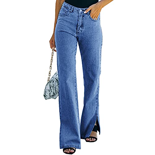 TWFRHC Women High Waist Flare Jeans Casual Distressed Wide Leg Slit Ankle Bell Bottom Denim Pants Dark Blue, Medium