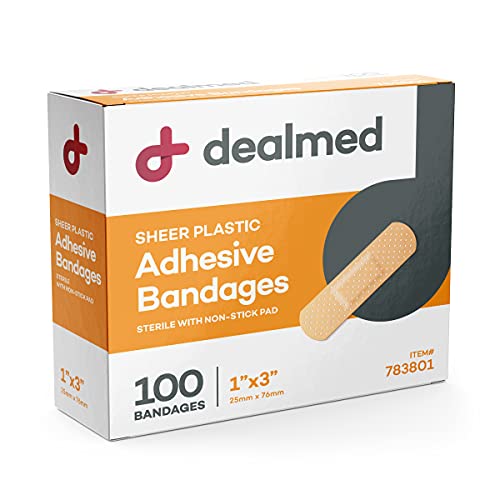 Dealmed Sheer Plastic Flexible Adhesive Bandages – 100 Count (1 Pack) Bandages with Non-Stick Pad, Latex Free, Wound Care for First Aid Kit, 1