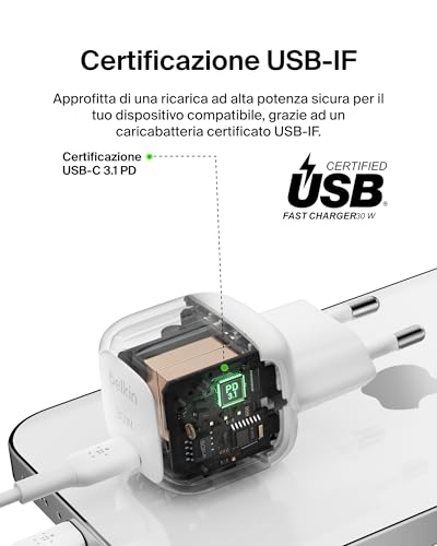 Belkin BoostCharge Caricabatteria da parete Compatto da 30W, Caricatore USB-C PD rapido da viaggio per Apple iPhone 17, Air, 16, Samsung Galaxy, iPad, AirPods, Tabletas, Pixel, Tablet e altro - Bianco - Immagine 4