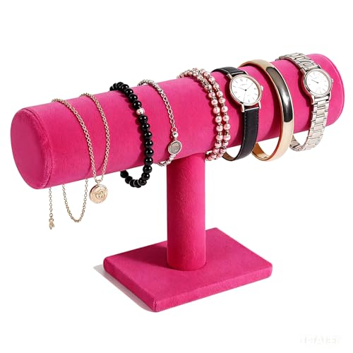 TENINYU Hovering T-Bar Bracelet Necklace Earring Bangle Pendants Anklet Tower Watch Key Jewelry Display Stand for Home Organization (Rose Red)