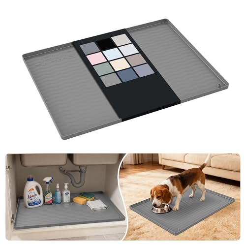 Image of URMONA Waterproof Silicone Under Sink Mat 25'' x 19'' Shelf Liner for Kitchen and Bathroom, Cabinet and Counter Protector, Storage and Organizers, Litter Mat, Pet Cat Puppy Essentials(Beige)