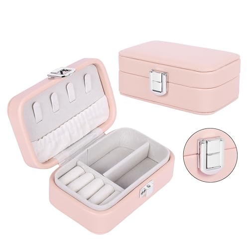 Image of BucketList PU Leather Jewellery Organizer Box with Ring Slots & Necklace Hooks | Compact Jewelry Storage Case with Secure Lock (Travel Jewellery Box Rectangular (Pink))