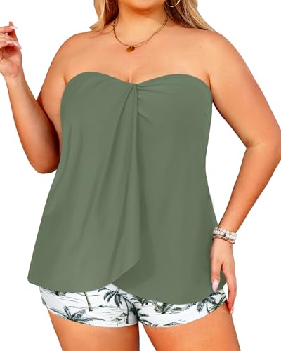 Image of Daci Plus Size Bandeau Tankini Swimsuit for Women 2 Piece Halter Swim Top with Shorts Tummy Control Bathing Suits