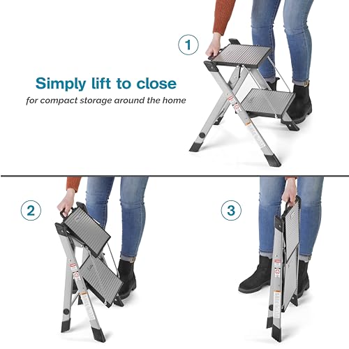 Image of Polder Easy-Close Aluminium 2-Step Stool, Ladder with Non-Skid Feet, Folding Step, Top Step Height - 1.4 feet