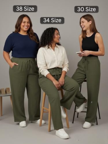 Image of Leriya Fashion Women Relaxed Fit Wide Leg Trousers | Malai Cottage Elastic Drawstring Wide Leg Pants for Women | Casual Straight Lounge Pants with Pockets | Stylish Everyday Office Outfit Bottom Pant
