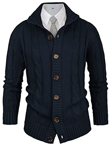 Aimeilgot Mens Fashion Casual Slim Fit Button Down Cable Knitted Stand Collar Cardigan Sweater(Navy Blue,X-Large)