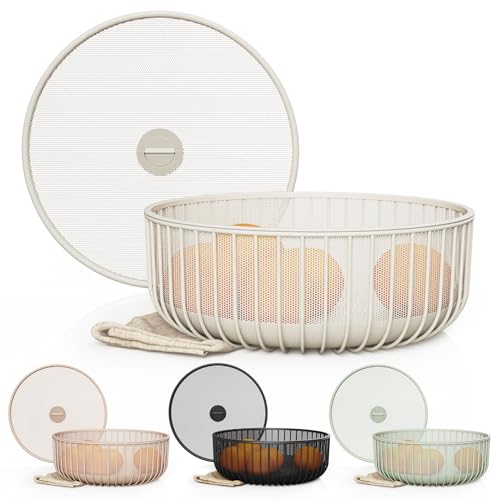 LIBKEN Metal Fruit Bowl with Mesh Lid and Basket - Fruit and Vegetable Holder for Kitchen Counter - Versatile and Durable Storage Basket Organizer for Fruit Veggie Snacks - 11x11x4-Inch (Warm Gray)