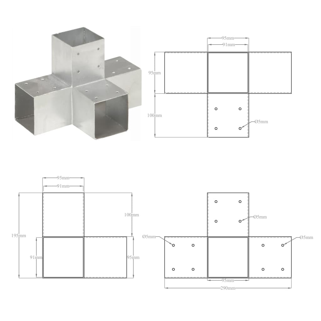 Connettore per pali a forma di X per travi in legno da 91 x 91 mm, supporto per pali in acciaio zincato, per costruzione di gazebo, orticoltura, connettore a croce a 4 vie