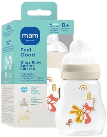 MAM Biberón anticólicos Feel Good de vidrio puro de 6 oz para bebés de 0 meses o más, 1 paquete, unisex | Tetina de silicona suave de flujo lento, fácil de limpiar, sin BPA, fácil cambio entre pecho y biberón, fabricada en Europa