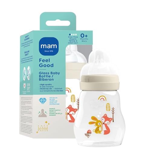 MAM 6oz Premium Glass Baby Bottle Newborn, Wide Neck Slow Flow Breastfeeding Like Silicone Nipple,...