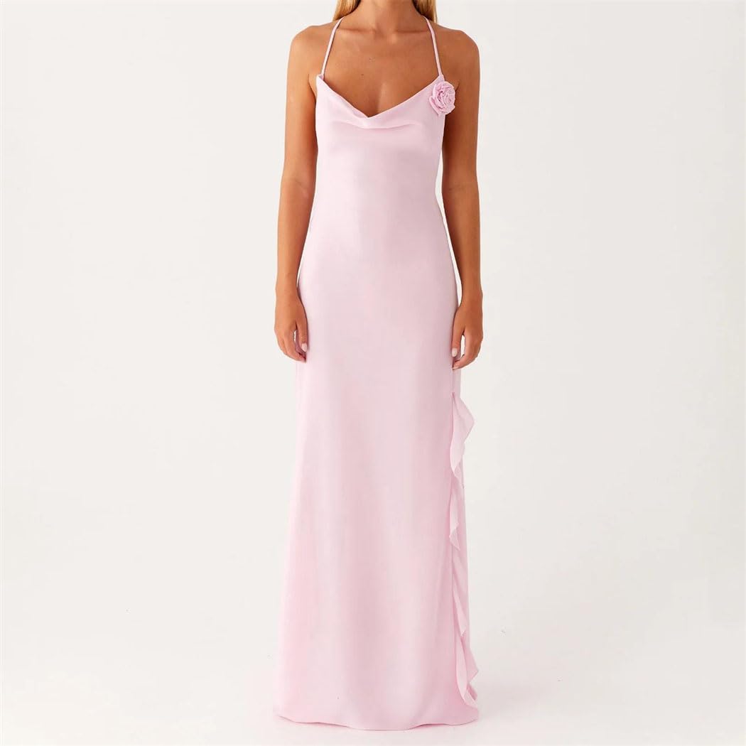 Women Summer Sleeveless Flower Dress Backless Split Ruffle Party Vacation Cocktail Beach