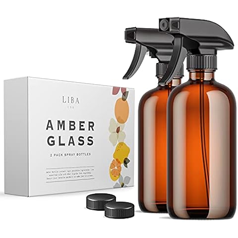 LiBa Amber Glass Spray Bottles 2 Pack, 16 oz Refillable Empty Spray Bottle for Cleaning, Essential Oils, Hair, Plants, Adjustable Nozzle for Squirt and Mist, Bleach/Vinegar/Rubbing Alcohol Safe Cover