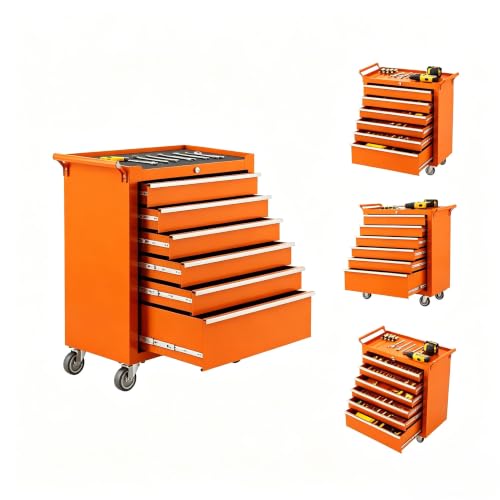 TrailBlaze Heavy-Duty Rolling Tool Chest, 24 Inch 6-Drawer Steel Tool Storage Cabinet Cart - Locking System, Smooth Slides, Drawer Liners, Swivel Casters - Orange