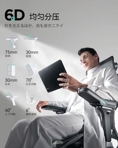 Hbada E3 Proオフィスチェア 椅子 デスクチェ 人間工学 チェア テレワーク 疲れない 人体工学椅 メッシュチェア T字背もたれ 3ゾーンランバーサポート 4Dヘッドレスト 6Dアームレスブラック （ 6Dアームレスト オットマン有り） [4]