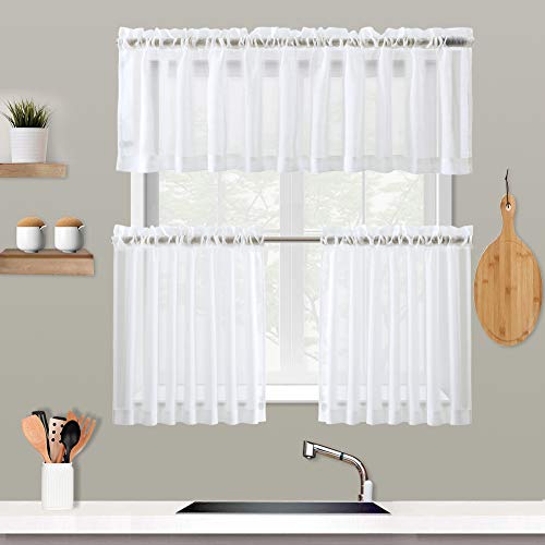 Xwtex White Sheer Tier Curtains 24 Inch Length Kitchen Tiers Curtains For Bedroom Linen Textured Sheer Window Curtain Panels Cafe Curtains, Pole Top, 2 Panels #TOP6