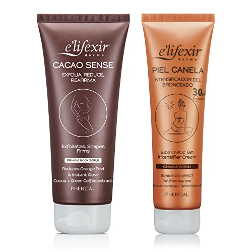 Elifexir Cacao Sense + Piel Canela | Exfoliante Corporal Reafirmante e Hidratante + Gel Bronceador SPF 30 Acelerador del Bronceado | Waterproof | Protector Solar UVA, UVB e IR-A | 200ml + 150ml