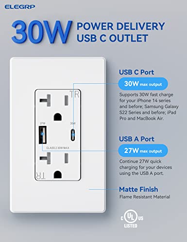 Elegrp Usb Wall Outlet Receptacles, Each Usb Port With 30W Ultral Speed Charging For Macbook Air/Iphone/Samsung/Ipad, Matte White 20 Amp Outlet With Usb Ports, Ul Listed, Wall Plate Included, 1 Pack #TOP1