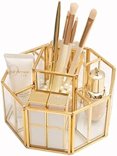 SLHEQING Makeup Brush Holder 360° Rotating Beauty Organiser 5 Compartments Glass Cosmetics Organizer Pen Holder Cosmetic Brush Holder (Gold)