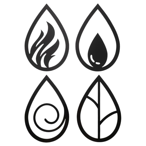 Arte de pared de metal de cuatro elementos: signo de símbolo de fuego de agua de tierra, 4 piezas geométricas para colgar en la pared para el hogar, sala de estar, decoración de pared bohemia,