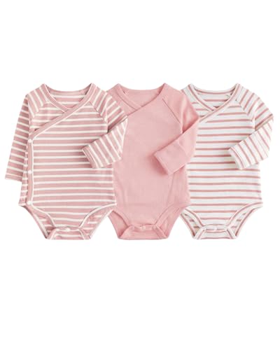 JiAmy Baby Wickelbody Langarm 3er Pack mit Umschlagärmeln, Baumwolle Baby Body Set Langarmbody mit Druckknöpfen für Neugeborene Junge Mädchen Rosa Oberteile 3-6 Monate