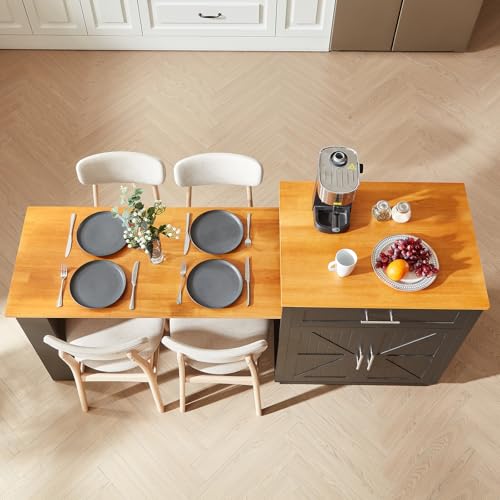 ONBRILL 76\" Kitchen Islands with Extendable Dining Table, 2-4 Island Table with Double-Side Storage, Mobile Storage Islands Cart with Power Outlet & Spice Rack, Black