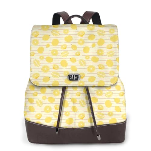 Lemons stripes Leaves Microfiber PU Leather Backpack Lightweight Daypack Bag for Travel Business Commute Gym