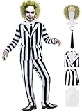 6 Pcs Scary Halloween Costumes for Men Black and White Striped Suit Mens 80s Horror Movie Costume for Halloween Cosplay Party Outfit HR012XL