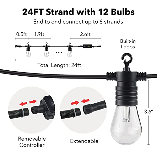 Hbn 24Ft Outdoor String Lights Rgbw-Smart String Lights Color Changing, 12 Shatterproof Bulbs, 2.4 Ghz Wi-Fi & Bluetooth App Control, Works With Alexa/Google Home, Ip65 Waterproof-Patio/Party/Café #TOP1