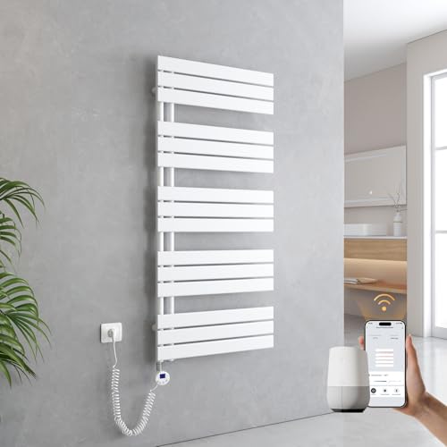 EMKE Handtuchheizkörper Elektrisch 1320x600 mm, WiFi Intelligenter Badheizkörper Elektrisch mit Thermostat Elektrischer Handtuchwärmer Handtuch Heizkörper Bad mit Heizstab Weiß 800W