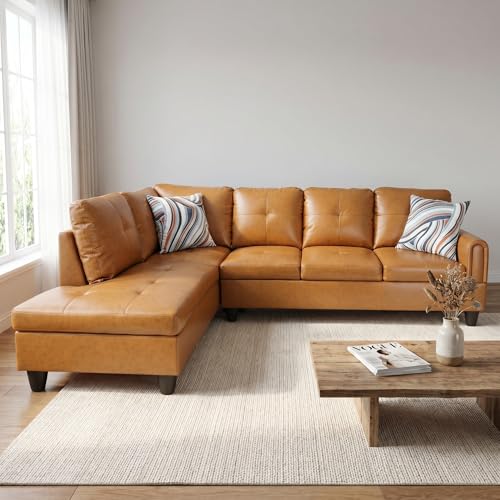 Image of L-Shaped Sectional Sofa, Modern 4-Seat Couch with Left Facing Chaise, Leather Sectional Couch for Living Room, Apartment, Office, Ginger