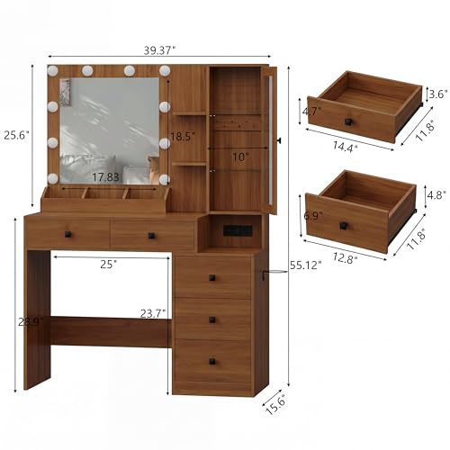 Image of HUANLEGO Vanity Desk with Mirror and Lights, Walnut Makeup Vanity Mirror with Lights Desk with 5 Drawers, Jewelry Organizer& LED Glass Cabinet, 3 Light Mode Dressing Table Set for Girls, Women