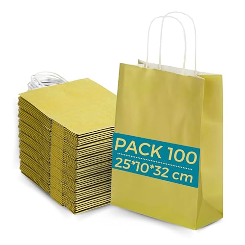 Lot 100 Sacs Papier Kraft Doré avec Anses 25x10x32cm - Sac pour Shopping Cadeaux Mariages