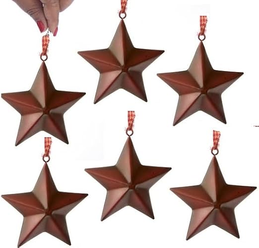 Factory Direct Craft Group of 6 - Primitive Farmhouse Dimensional Barn Red Star Ornaments | 3-1/2" W x 3-1/2" H