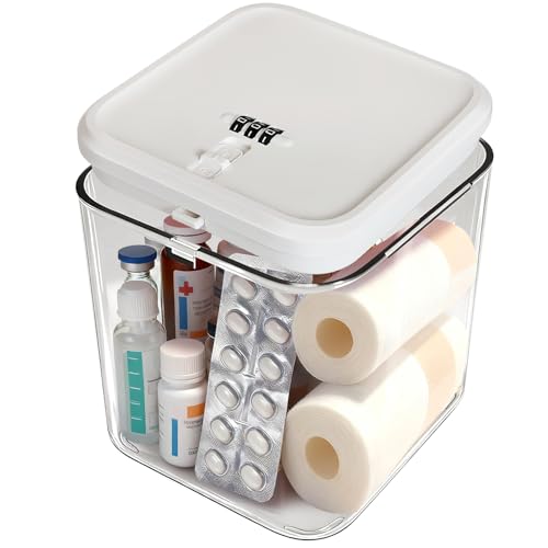 Small Lock Box for Safe Medication,Clear Lock Box with Combination Code,Locked Medicine for Pills First Aid,Lockable storage box for Snack/Fridge/Food/Phone medicine Organizer 5.5x5.5x6.1in