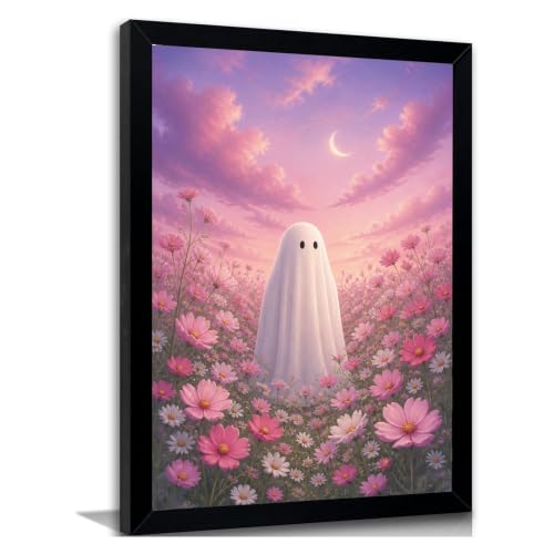 Cute Ghost In Pink Flower Field Wall Art Dreamy Home Decor