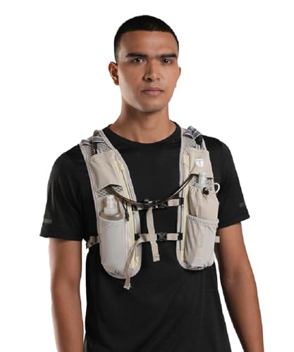 Image of TEGO Pacer Trail Hydration Vest | Hydration Pack for Running & Hiking | Adjustable Running Vest with Storage, Reservoir Pouch & Reflective Details | Compatible with Soft Flasks & 2L Bladder (Beige)