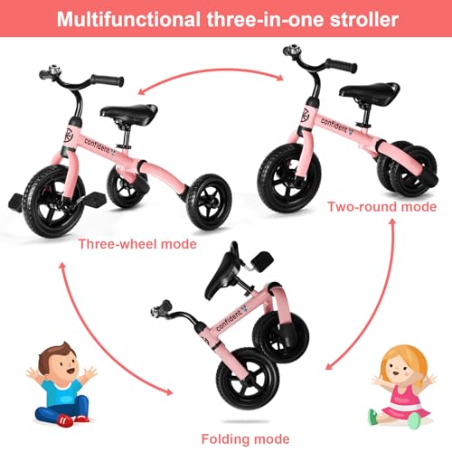 Ancaixin 3 in 1 Toddler Tricycles for 2-5 Years Old Boys and Girls with Detachable Pedal and Bell, Foldable Baby Balance Bike Riding Toys for 2+ Kids, Child Birthday Christmas New Year Gift Pink