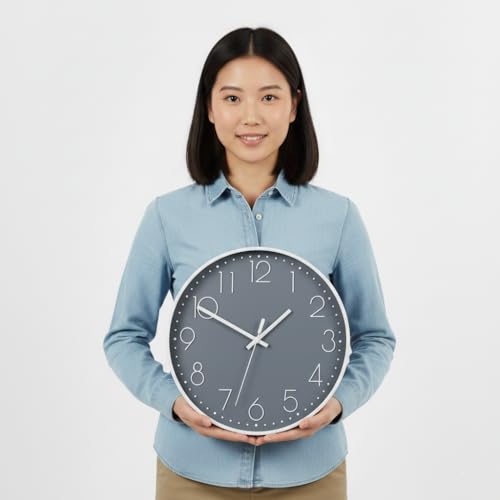 掛け時計 静音 連続秒針 音ゼロ 直径30cm アナログ 電池式（電池別売） 寝室/リビング/オフィス/店舗用 グレー地に白文字・白枠 [3]
