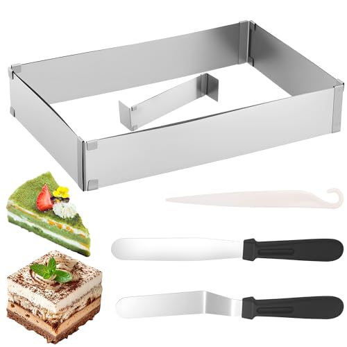 Zocipro Backrahmen Rechteckig Verstellbar, 27x18cm (5cm Hoch) Tortenring Eckig Erweiterbar auf 52x34cm mit 1 Verstellbar Teiler und 2 Spatel für Kuchen Torten Pizza Backen Party Dekorieren