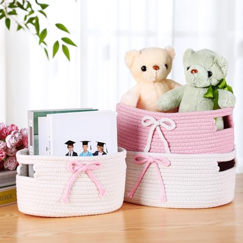 Image of Breling 3 Pieces Pink Bow Baskets Coquette Bow Cotton Rope Storage Basket Pink Woven Gift Baskets Laundry Hamper Rope Bin with Handles for Decoration Organization Storage for Nursery, Pet Toy Basket