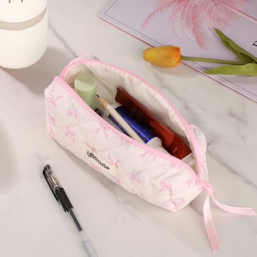 Image of Quilted Coquette Pencil Case - Floral & Bow Design with Soft Padded Fabric, Cute Small Makeup Bag for Women, Stylish Organizer for Pens, Brushes, and Accessories (Pink)
