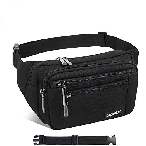 Oxpecker Waist Pack Bag with Rain Cover, Waterproof Fanny Pack for Men&Women, Workout Traveling Casual Running Hiking Cycling, Hip Bum Bag (black fanny pack&extended band)