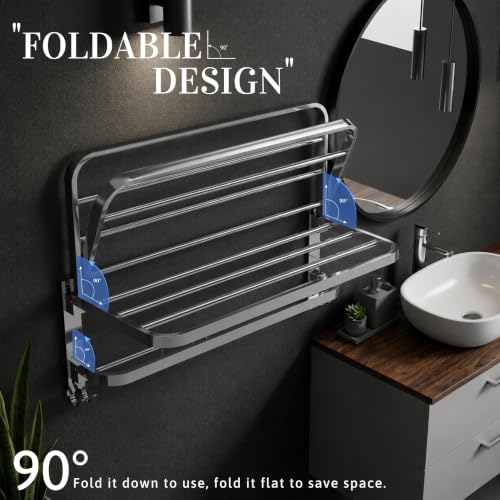 Image of GLOXY Premium SS 304 Towel Rack 24 Inch in Bathroom - Wall Mounted Foldable Towel Holder with Multipurpose Hooks - Chrome Finish Towel Hanger for Towels & Clothes - Bathroom Fittings Accessories