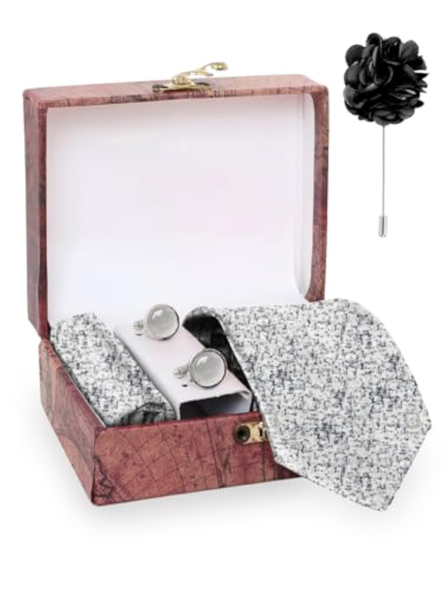 Printed Tie and Pocket Square Set with Natural Stone Cufflink